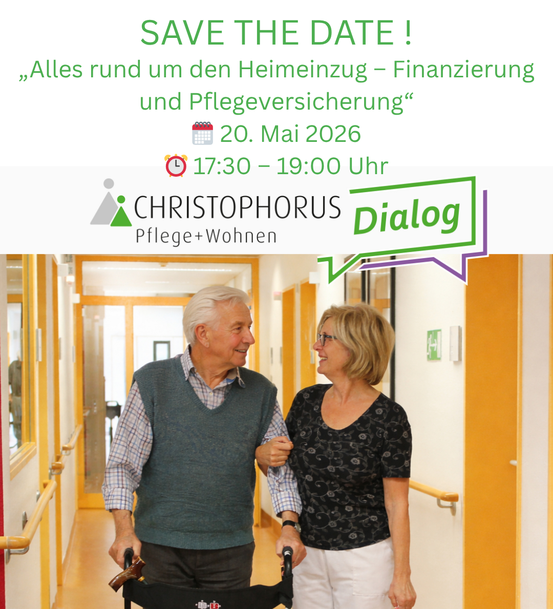 SAVE THE DATE! 💬 Vortrag: „Alles rund um den Heimeinzug – Finanzierung und Pflegeversicherung“